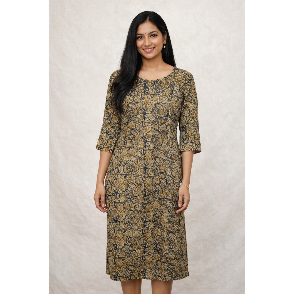 Women Earthy Paisley Block Print Knee Length Dress 3/4 Sleeve Mustard Olive Navy